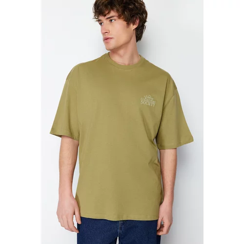 Trendyol Men's Pale Khaki Oversize/Wide-Fit Fluffy Text Printed 100% Cotton T-Shirt