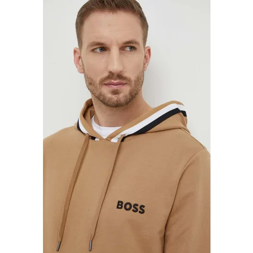 Boss Homewear pamučna dukserica boja: bež, s kapuljačom, s aplikacijom