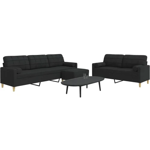 vidaXL 3-dijelni set sofa s tabureom i jastucima crni tkanina