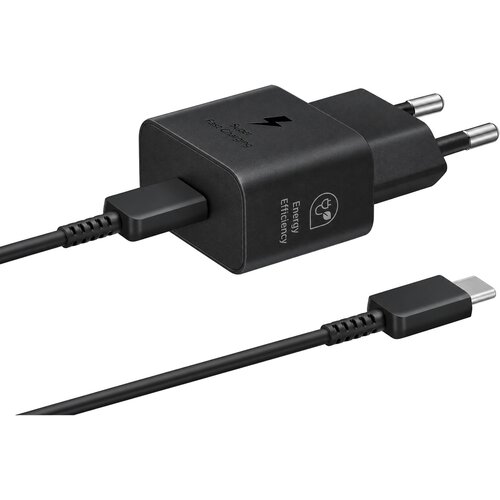 Samsung stenski polnilec z enim USB-C vhodom 25W in priloženim USB-C v USB-C kablom črne barve dolžine 1m EP-T2510EBE + EP-DN980BBE (OEM pakiranje) Slike