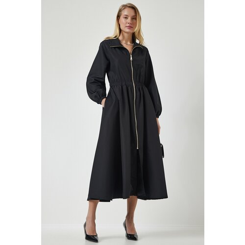 Happiness İstanbul Women's Black Zippered Seasonal Woven Dress Trench Coat Cene