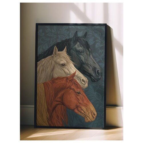 Wallxpert uramljena slika 115196, tri konja, crni, beli i riđi, na tamnoplavoj pozadini sa li&amp;scaron;ćem, 50 x 70 cm, crni ram Slike