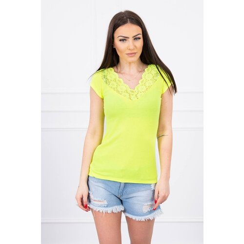Kesi Blouse with lace neckline yellow neon Slike