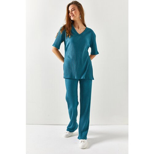 Olalook Women&amp;#039;s Oil Blue Top V-neck Bottom Palazzo Corduroy Suit Slike