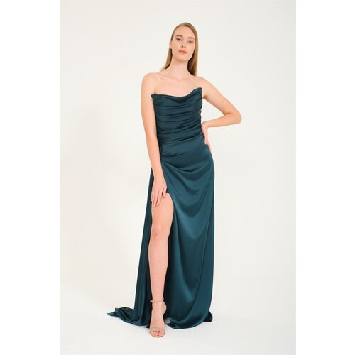 Carmen Emerald Evening Dress with Slit and Ears in Satin. Slike