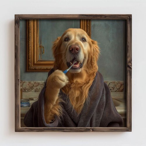 Wallxpert uramljena mdf slika DOS049-70, zlatni retriver u bademantilu pere zube, 70 x 70 cm Cene