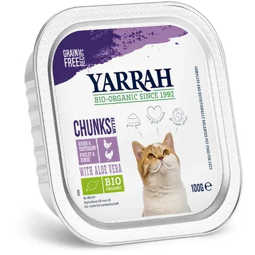 Yarrah Ekonomično pakiranje: zdjelice 12 x 100 g - Bio piletina i bio puretina s bio aloe verom - komadići u umaku