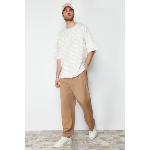 Trendyol Ecru Men's Oversize/Wide Cut Striped Label Short Sleeve Textured T-Shirt Cene