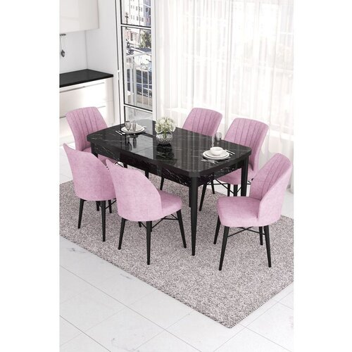 Hanah home Eva - Black Marble, Pink Black MarblePink Extendable Dining Table & Chairs Set (7 Pieces) Cene