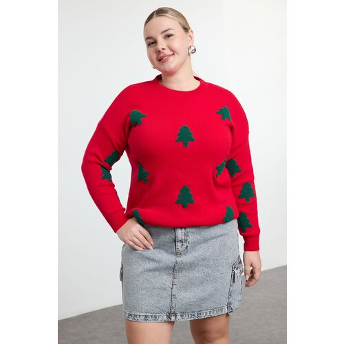 Trendyol Curve Red Embroidered New Year's Themed Knitwear Sweater Slike