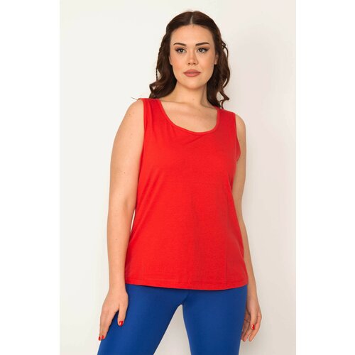 Şans Women's Plus Size Red Cotton Fabric Crew Neck Sleeveless Blouse Slike