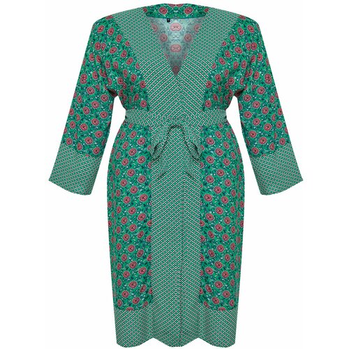 Trendyol Curve Green Ethnic Patterned Belted Maxi Woven Kimono & Kaftan Slike