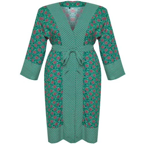 Trendyol Curve Green Ethnic Patterned Belted Maxi Woven Kimono & Kaftan