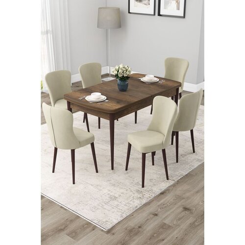 Hanah home trpezarijski set Due, sto na razvlačenje i 6 stolica, ploča u dekoru drveta Baroque, krem tkanina Babyface Cene