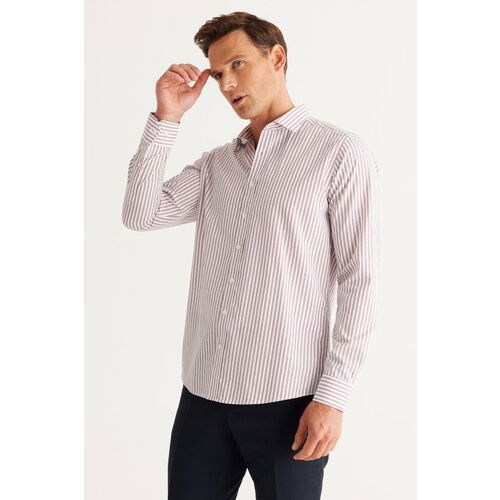 AC&Co / Altınyıldız Classics Men's White-Burgundy Slim Fit Slim Fit Classic Collar Cotton Striped Shirt Cene