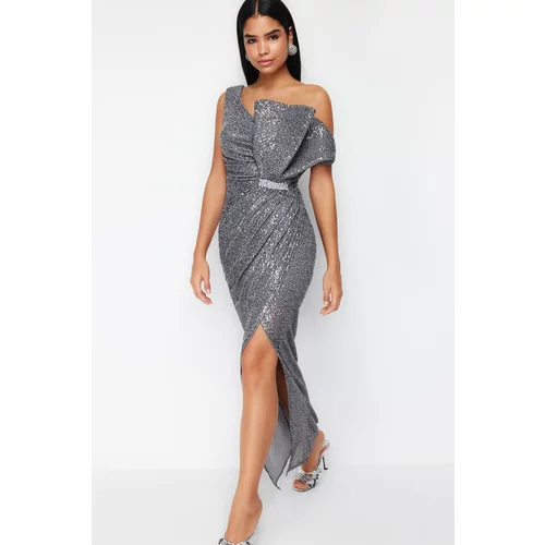 Trendyol Gray Accessory Detailed Sequin Evening Dress