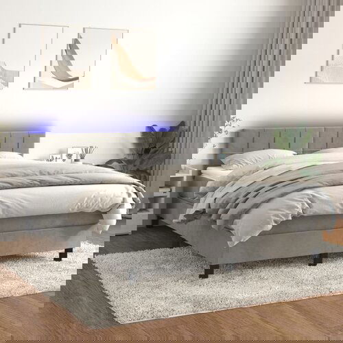 VidaXL Box spring postelja z vzmetnico LED sv. siva 140x190 cm žamet Slike