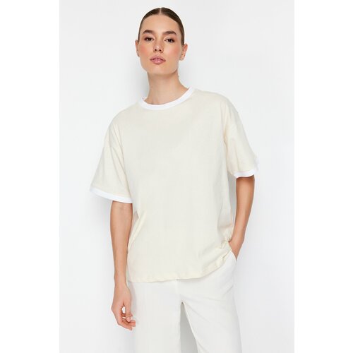 Trendyol stone 100% cotton contrast collar and stripe detailed oversize/relaxed cut knitted t-shirt Cene