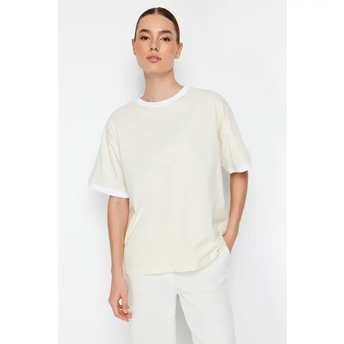 Trendyol Stone 100% Cotton Contrast Collar and Stripe Detailed Oversize/Relaxed Cut Knitted T-Shirt