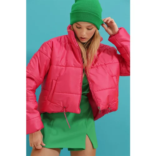 Trend Alaçatı Stili Women's Fuchsia Stand Collar Double Pocketed Inflatable Puffer Coat with Elastic Waist