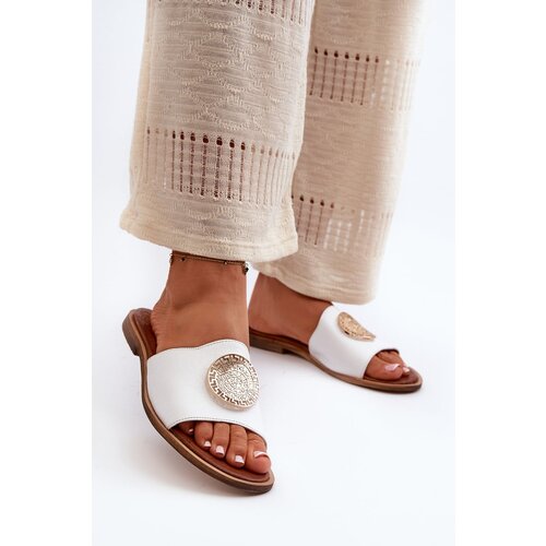 Zazoo 2938 Leather Flat Heel Slippers With Ornament White Slike