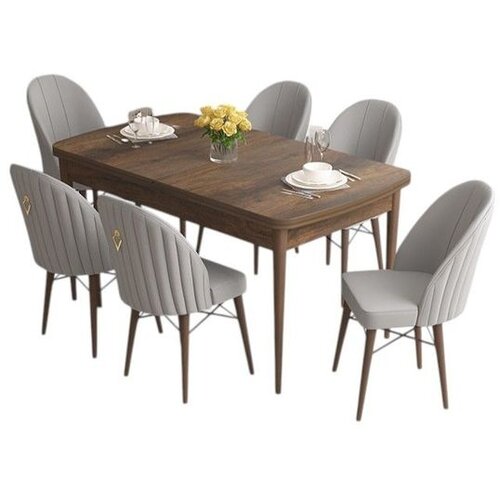 Hanah home trpezarijski set Elf, sto na razvlačenje i 6 stolica, ploča u dekoru drveta Baroque, siva tkanina Babyface Cene