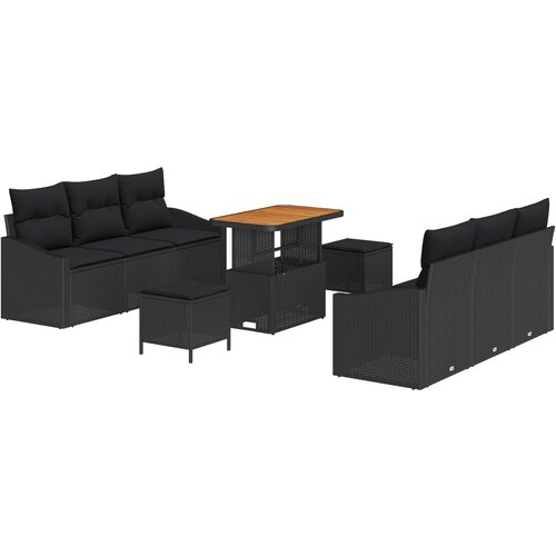 VidaXL 9-dijelni set sofe za vrt s jastučićima crni poly rattan akacija, 2-sjedna sofa za vrt s jastučićima crni poly rattan, 3-dijelni set za blagovanje na otvorenom s jastučićima crni poly rattan akacija Slike