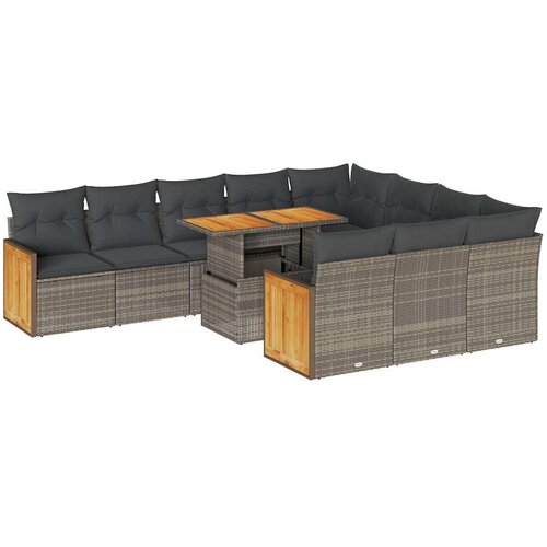 VidaXL 11-dijelni set vrtnih sofa poliratan i bagrem s jastucima sivi Slike