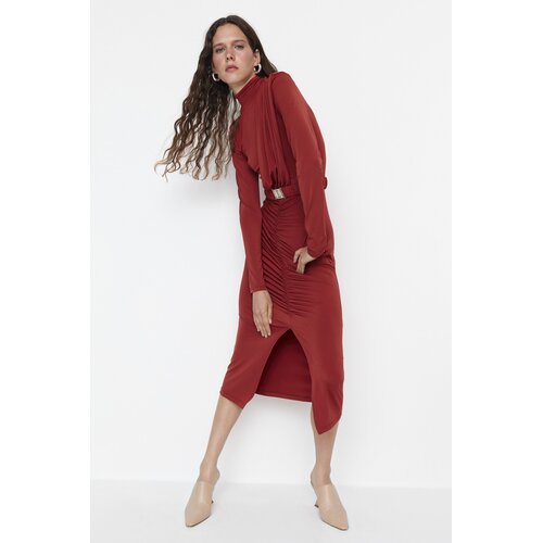 Trendyol Tile Stand Collar Belted Knitted Dress Slike