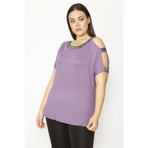 Şans Women's Plus Size Purple One Shoulder And Collar Silvery Detailed Blouse Slike
