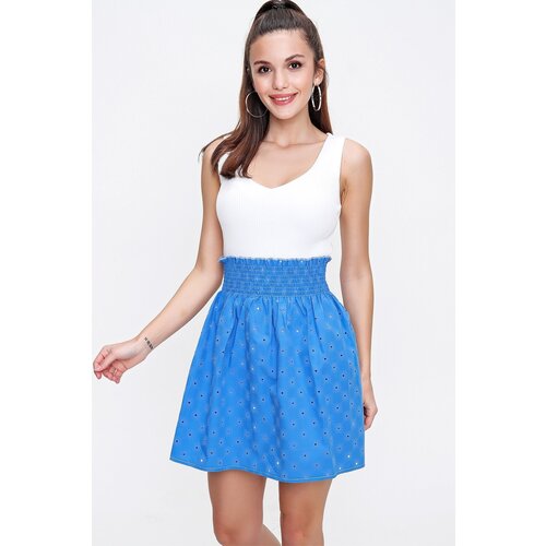 By Saygı Blue Elastic Waist Patterned Burnt Skirt Slike