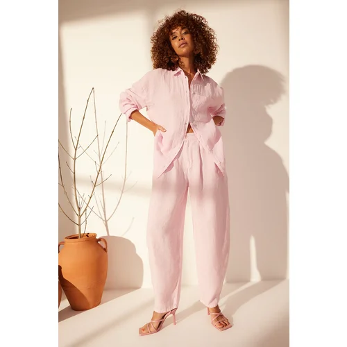 Trendyol Pink 100% Linen Oversize Shirt