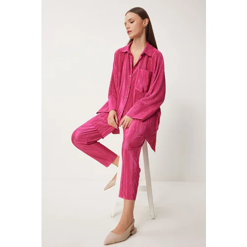 Happiness İstanbul Women's Pink Stylish Buttoned Pleated Shirt Pants Set