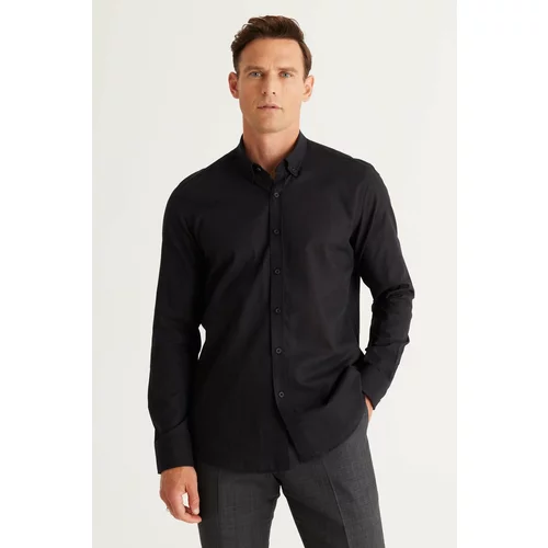 AC&Co / Altınyıldız Classics Men's Black Tailored Slim Fit Slim-fit Oxford Buttoned Collar Linen-Looking 100% Cotton Flared Shirt.
