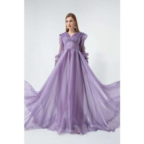 Lafaba Women's Lilac Balloon Sleeve V-neck Long Evening Dress. Slike