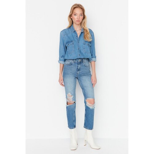 Trendyol Blue Ripped Detailed High Waist 90's Straight Jeans Slike