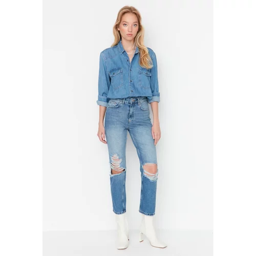 Trendyol Blue Ripped Detailed High Waist 90's Straight Jeans