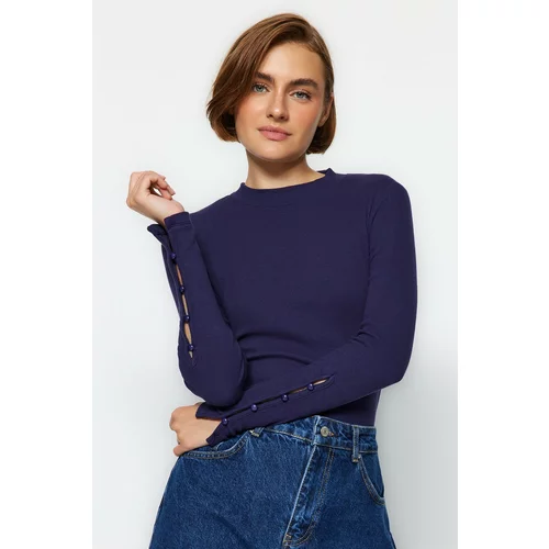 Trendyol Navy Blue Buttons Ribbed Stand-Up Collar Fitted/Situated Cotton Knitted Blouse