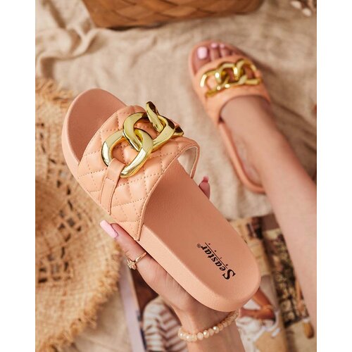 Resti Royalfashion Coral women's quilted flip-flops with gold chain Eteris Cene
