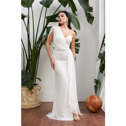 Carmen Ecru Chiffon One-Shoulder Slit Long Wedding Dress Slike