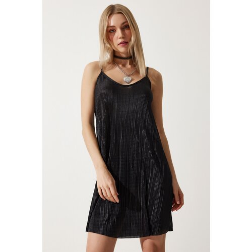 Happiness İstanbul women's Black Strappy Pleated Summer Mini Knitted Dress Slike