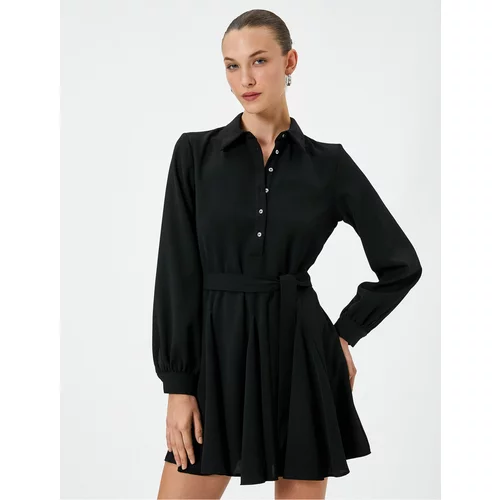 Koton Mini Balloon Sleeve Dress With Ruffles, Belted Waist and Buttoned.