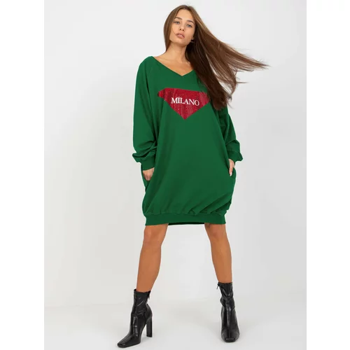 Fashion Hunters Dark green long oversize sweatshirt with an appliqué