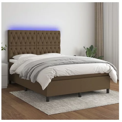 vidaXL Box spring postelja z vzmetnico LED temno rjava 140x1