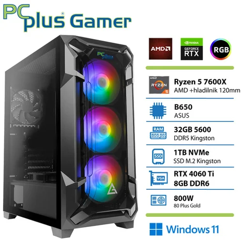 PCPLUS gamer ryzen 5 7600X 32GB 1TB nvme ssd rtx 4060Ti 8GB windows 11 + xbox gp gaming namizni računalnik