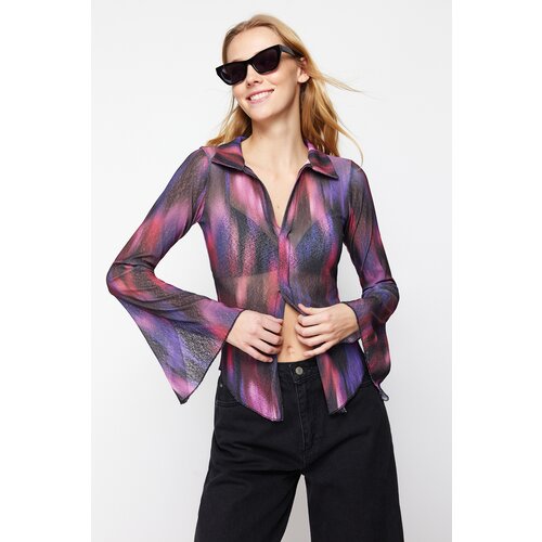 Trendyol Purple Special Textured Regular/Normal Pattern Printed Shirt Collar Flexible Knitted Blouse Slike