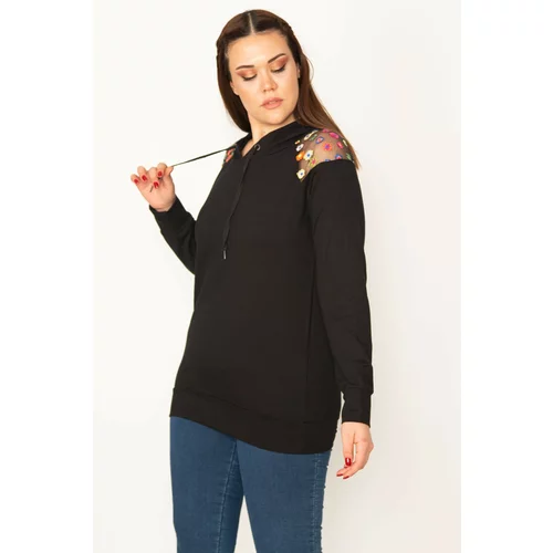 Şans Women's Plus Size Black Sequin Detail Hooded Sweatshirt