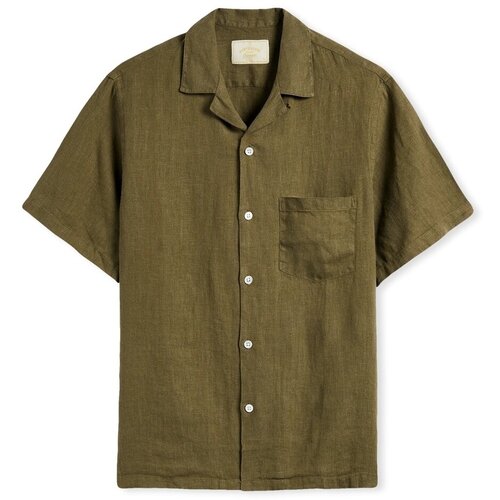 Portuguese Flannel Srajce z dolgimi rokavi Linen Camp Collar Shirt - Olive Zelena Cene