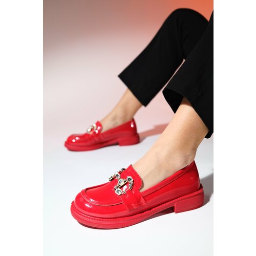 LuviShoes NORMAN Red Patent Leather Stone Buckle Women's Loafer Shoes Cene