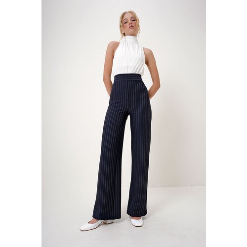 Trend Alaçatı Stili Women's Navy Blue Elastic Waist Striped Wide Leg Knitted Trousers Slike